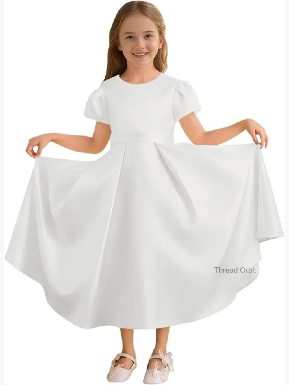 Satin Flower Girl Dress Puff Sleeve Bow Back Zip Tea Length